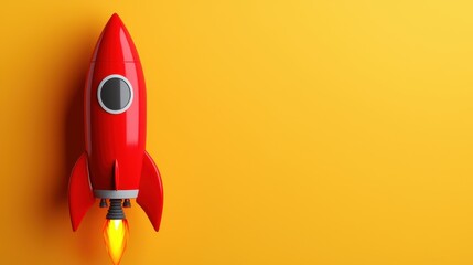 Animated red rocket launching against vibrant yellow background digital art playful design bright color scheme