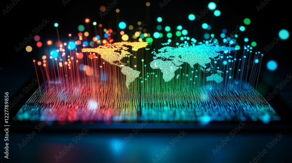 Poster digital world map with colorful data visualization