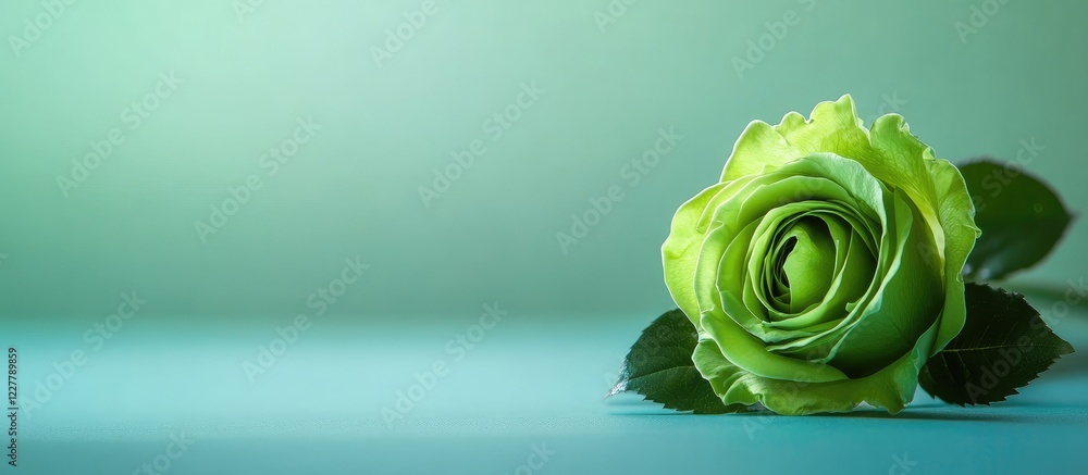 Poster green rose on a solid green and blue background with ample copy space for text and elegant design el