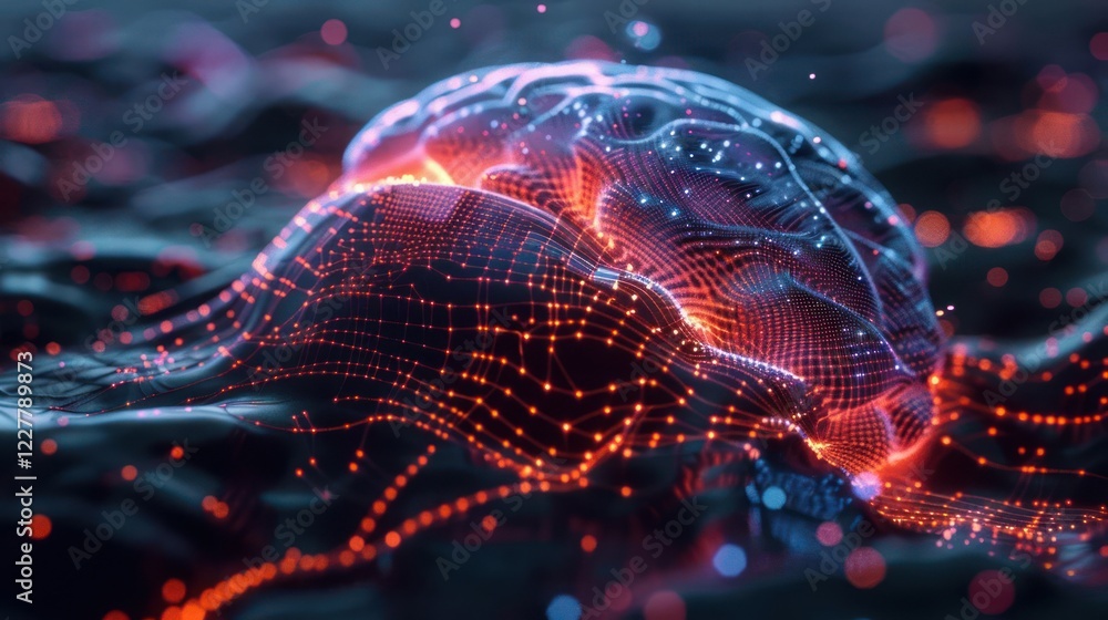 Poster abstract visualization of a glowing brain with intricate neural connections in a digital landscape
