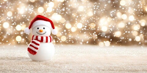 Festive Snowman in Santa Hat and Scarf on Glittery Snow Winter Holiday Background