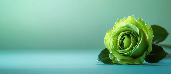 Green rose on a solid green and blue background with ample copy space for text and elegant design elements.