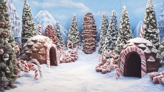 A winter wonderland scene with chocolate igloos and candy cane trees.