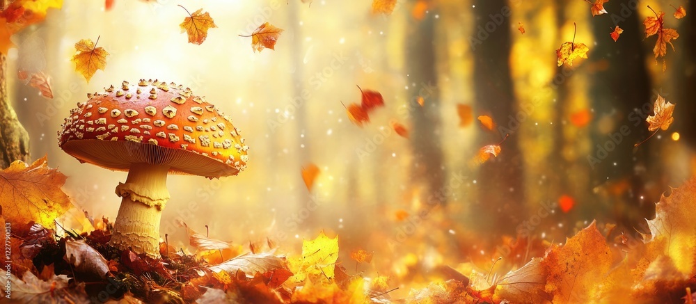 Poster golden mushroom in autumn forest surrounded by colorful leaves and soft light with copy space for te