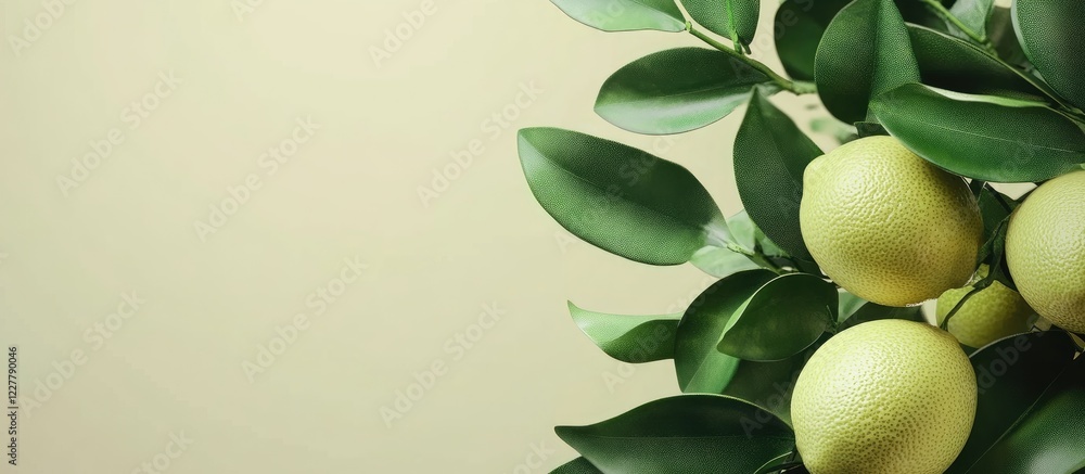Poster fresh green lemons on a tree branch surrounded by leaves with neutral background space for text over