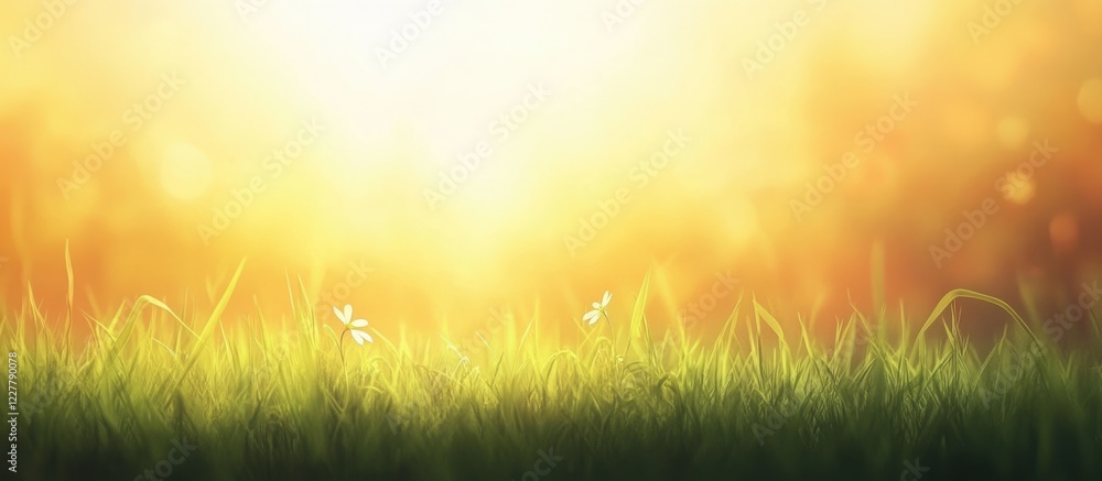 Poster golden sunset over vibrant green grass creating a warm atmosphere with ample empty space for customi