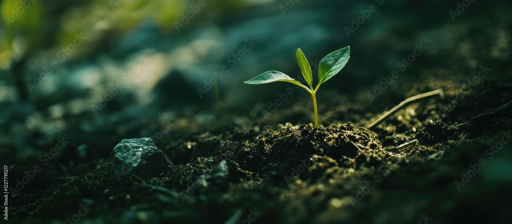 Poster green sprout emerging from soil in natural setting with room for text overlay in a focused lighting 