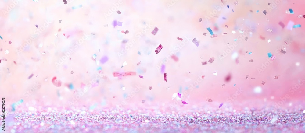 Poster glittery confetti backdrop with soft pink hues and ample space for text creation or design needs in 