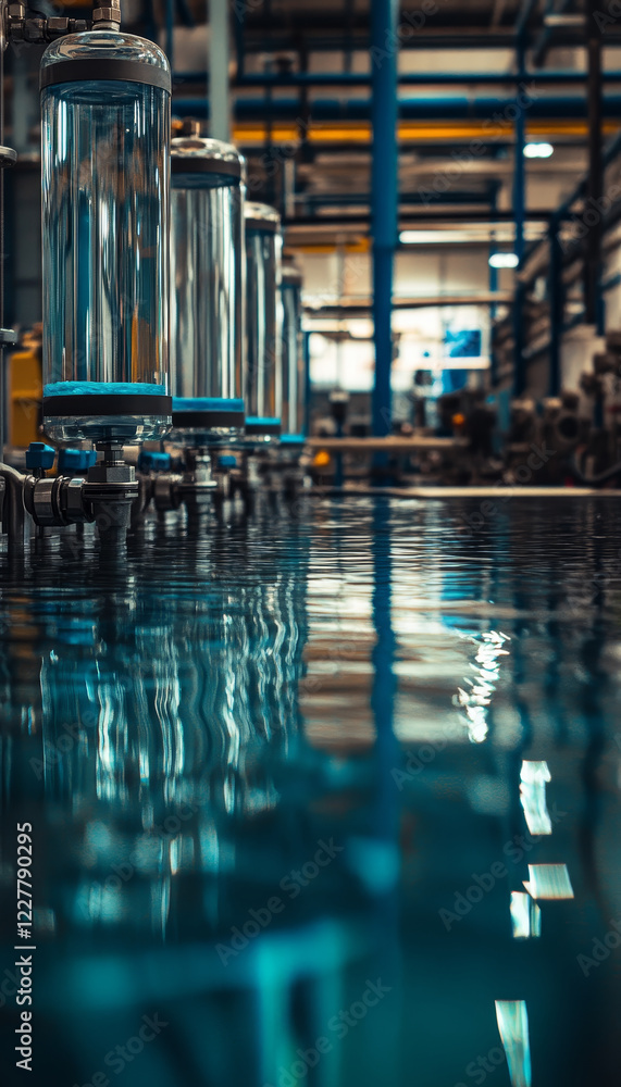 Poster high tech water filtration system in factory setting