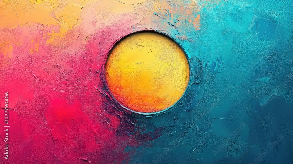 Poster abstract circle art with vibrant colors and textured surface featuring subtle reflection