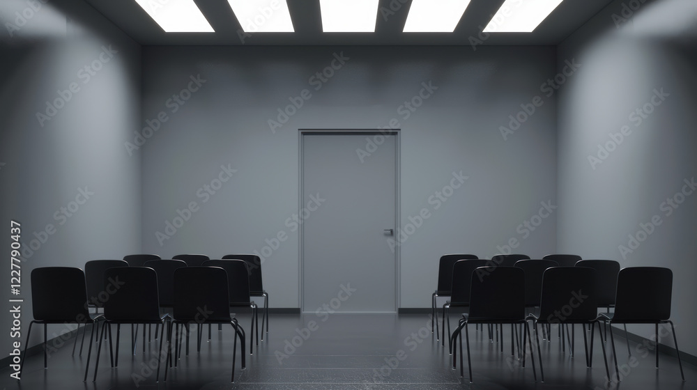 Poster a lecture hall with a door and rows of empty chairs.