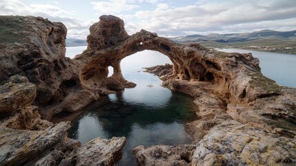 Naklejka premium Coastal rock arch, tranquil lagoon, island background, scenic travel photo