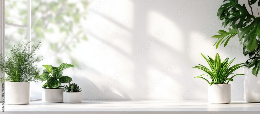 Poster serene workspace with green potted plants on a white desk by a sunlit window creating an inviting at