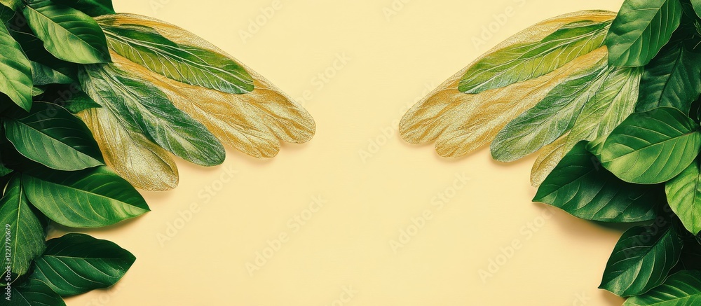 Aufkleber green leaves forming wing shapes with empty space for text on soft yellow background