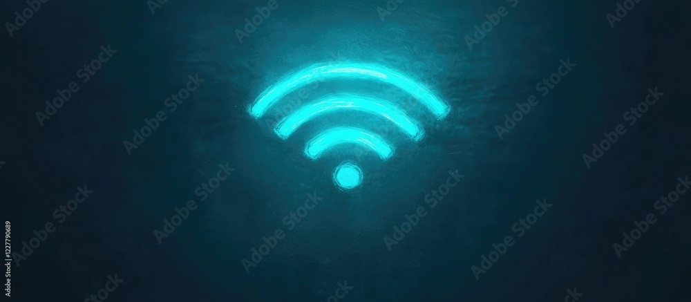 Poster modern wifi network symbol with teal glow against dark background and space for text and branding
