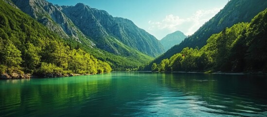 Scenic Mountain Landscape Reflected in Calm River with Lush Greenery and Placeholder for Custom Text in National Park Setting