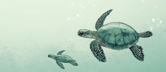 Green Sea Turtles Swimming Gracefully in Clear Ocean Waters with Copy Space for Text and Marketing Elements