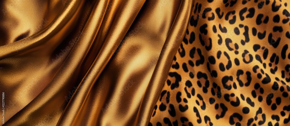 Poster elegant golden silk and leopard print fabric draping beautifully with ample empty space for text or 