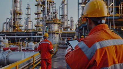 Workers in safety gear monitor operations at an industrial facility during sunset
