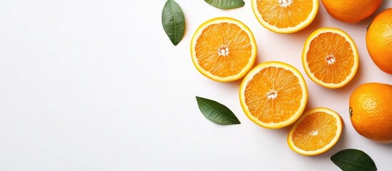 Graphic designer using a tablet pen with a color palette alongside fresh oranges and leaves creating space for text and design elements