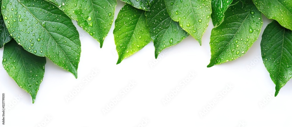 Poster fresh green leaves glistening with dew after rain creating a serene background with ample space for 