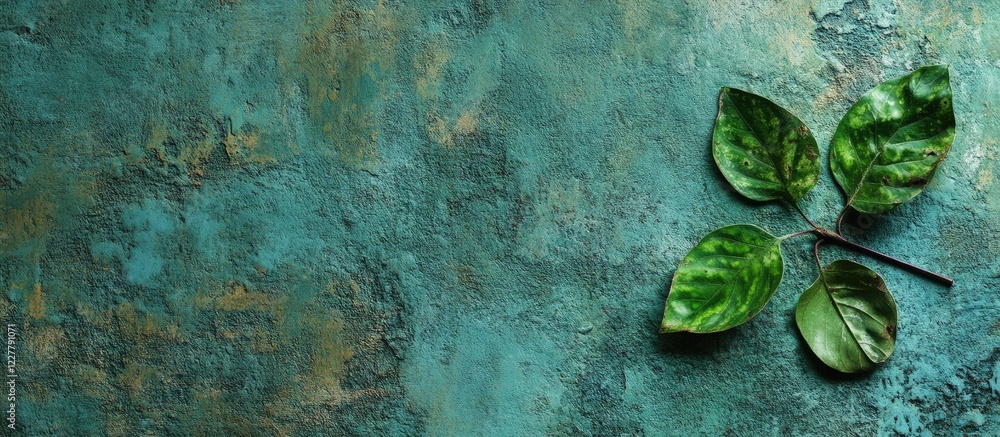 Poster green leaf on ancient concrete surface with text space natural texture for background design or deco