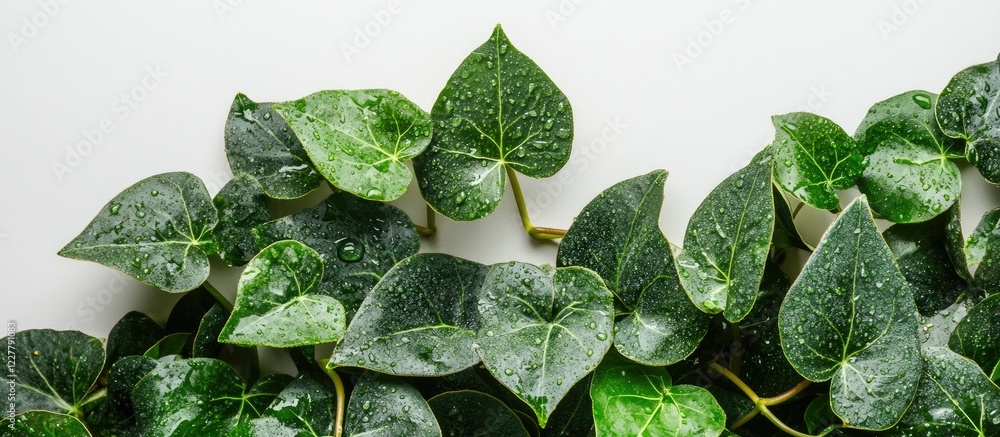 Aufkleber lush green leaves with raindrops and negative space for text overlay in a fresh botanical compositio
