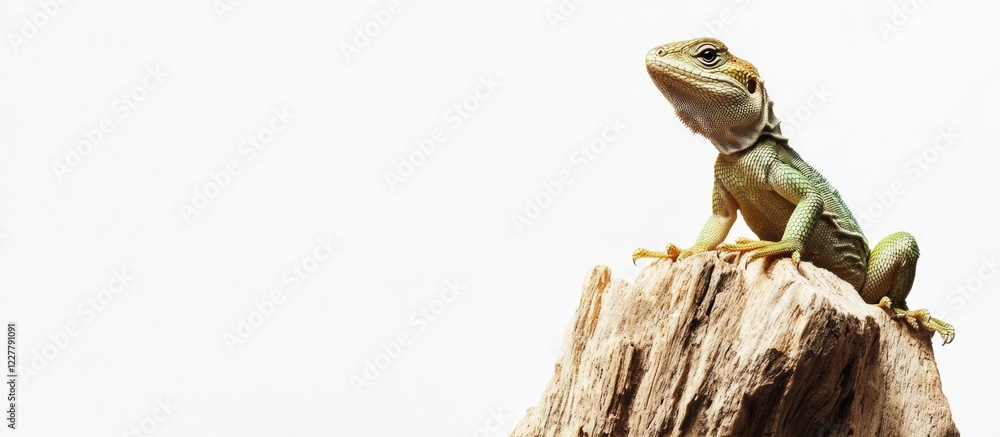Poster green lizard on a tree stump against a white background with ample copy space for text and design el