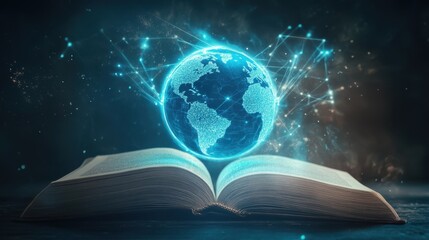 A glowing globe spinning above an open book with beams of light connecting various regions symbolizing worldwide educational opportunities and cultural exchange.