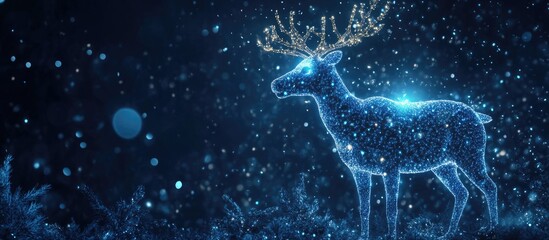 Glowing Blue Light Reindeer in a Snowy Night Landscape with Space for Holiday Text or Messages