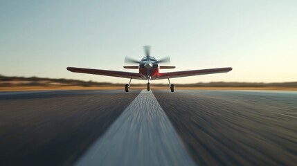 Naklejka premium Red propeller plane taxiing on runway, desert background