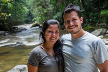 Obraz premium Portrait of a satisfied latino couple in their 20s dressed in a casual t-shirt on tranquil forest stream