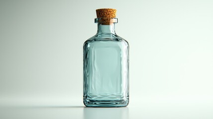 A clear glass bottle with a cork stopper, suitable for various liquids.