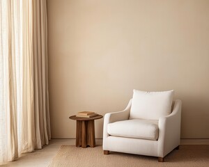 Bedroom with a single armchair, a wooden side table, and soft linen curtains, cozy and functional minimalism