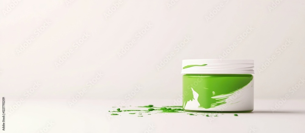 Poster green paint container with spilled paint on white background ideal for art or design projects with c