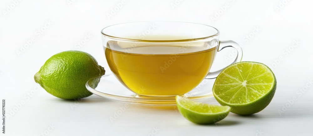 Poster fresh green tea with honey and lime in a clear cup on a white background with space for text or adve