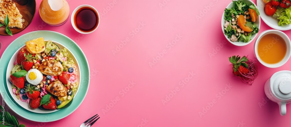 Poster gourmet fusion breakfast table setting on vibrant pink background with empty space for text and deli