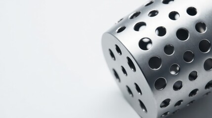 Close-up of a cylindrical metallic object with numerous evenly spaced perforations, showcasing its industrial design and textured surface.