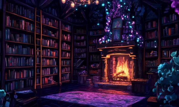 Cozy Gothic Magic Living Room Library with Twinkle Lights, Magical Fireplace, Spell Casting. Looping. Animated Anime Cartoon Christmas Background / Wallpaper. VJ / Vtuber / Streamer Seamless Loop.