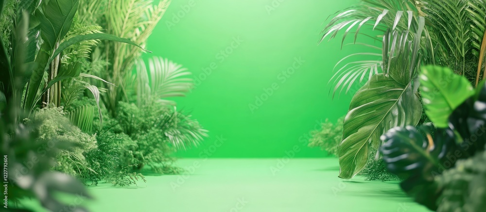 Poster lush green screen backdrop for product display featuring vibrant foliage and ample text space for pr