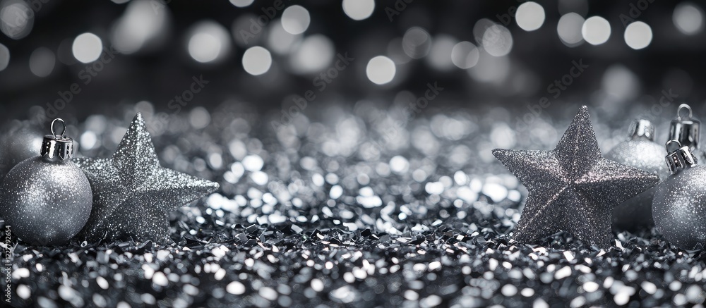 Poster sparkling silver stars and ornaments create a festive atmosphere with blurred background and space f