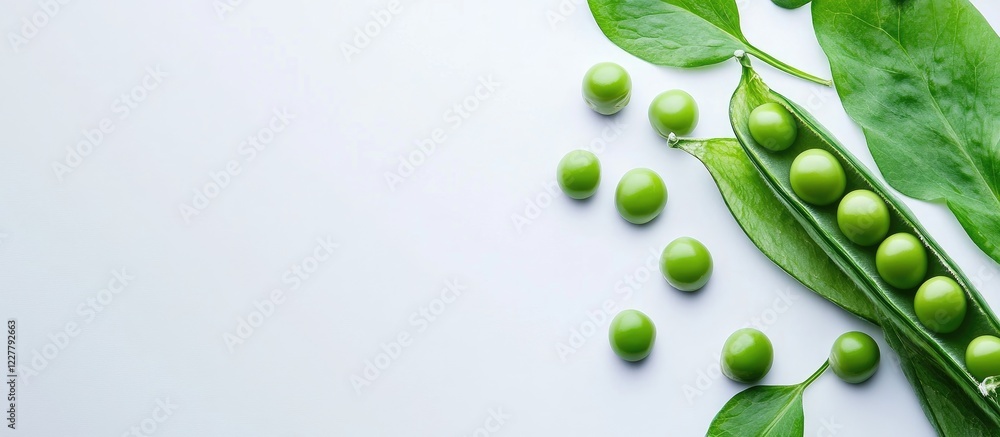 Poster fresh green peas in a pod and loose peas on a light background with space for text or design element