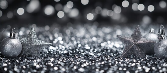Sparkling Silver Stars and Ornaments Create a Festive Atmosphere with Blurred Background and Space for Holiday Text or Messages