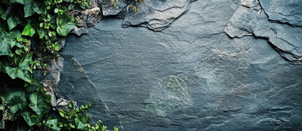 Poster textured gray and green stone wall with natural aging and foliage accents creating ample space for c