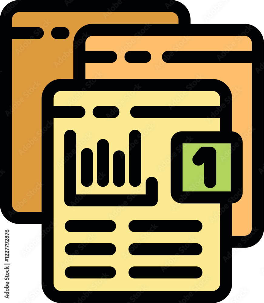 Poster stacked documents displaying charts and the number one, symbolizing top performance and achievement 