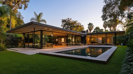 Obraz premium Modern Architectural Masterpiece: Glass House with Pool