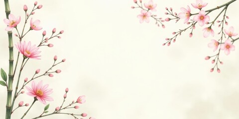 Fototapeta premium Delicate Pink Blossoms Frame a Serene Beige Background, Ideal for Elegant Invitations or Announcements