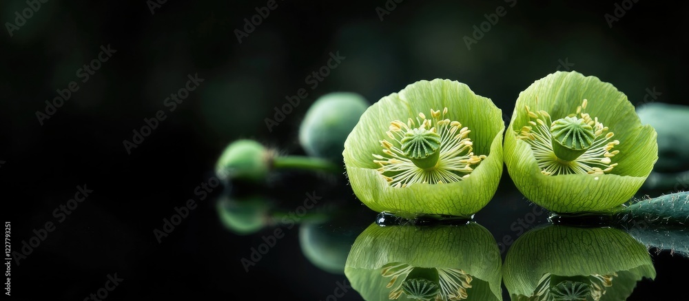 Poster green poppy seeds with reflection on black background and copy space for text in a minimalist style