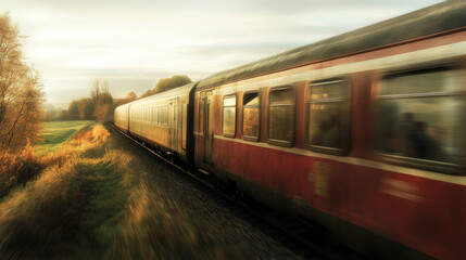 Naklejka premium A train races through a quiet countryside, with passengers gazing out the window at the passing landscapes. 