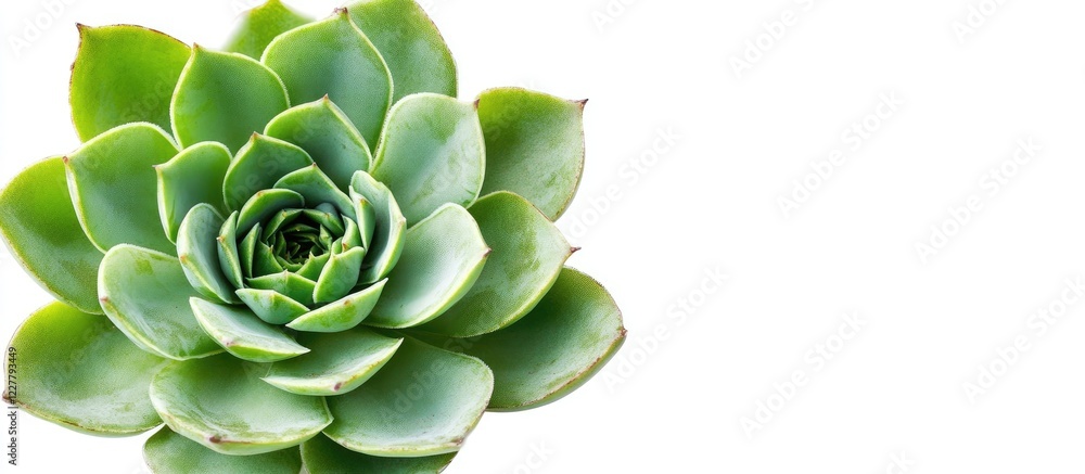 Poster close-up of a vibrant green succulent on a white background with ample empty space for text or desig